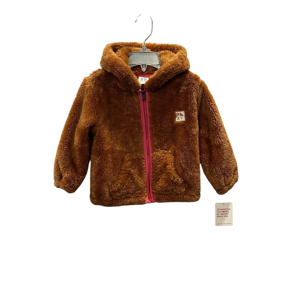 Roxy Toddler Girl Sherpa Jacket NEW Hooded Brown Fleece Size 2T Pink Trim